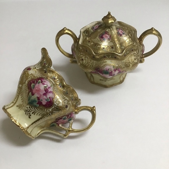 NIPPON Japan Porcelain Sugar Bowl Lid & Creamer SET Gold Gilt Moriage Pink Roses - Picture 1 of 16